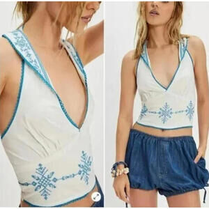 NWT Free People Hello Lover Embroidered Halter Top Collared Cottagecore  SZ L
